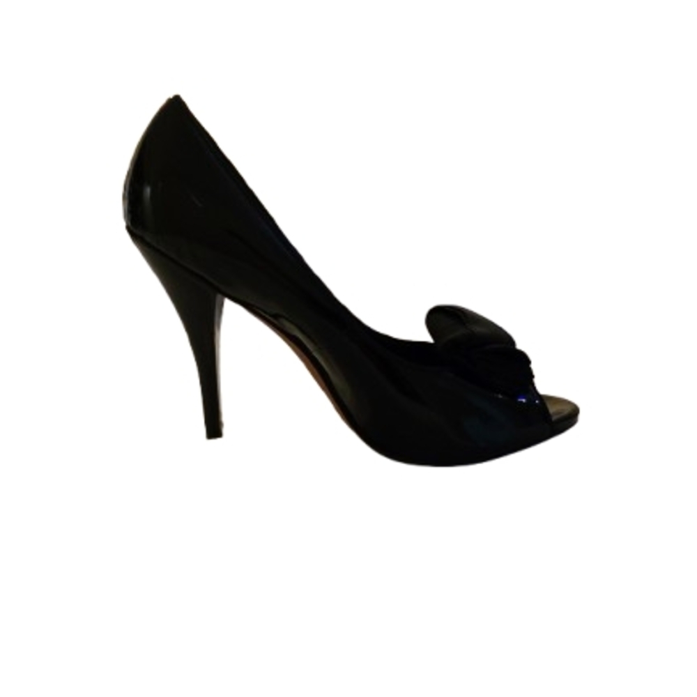Saks Fifth Avenue Black Patent Leather tuxedo bow Front Peep-toe Pumps Size10
